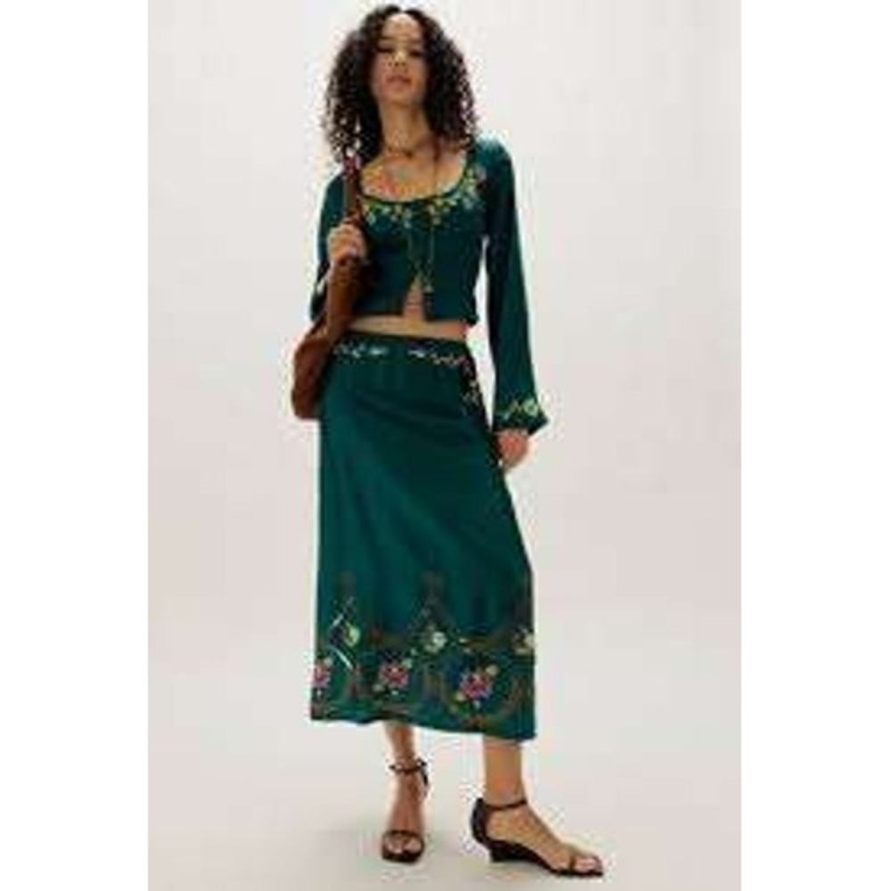 Free People Autumn Bloom Midi Skirt Set XS Green Embroidered Bohemian NWT